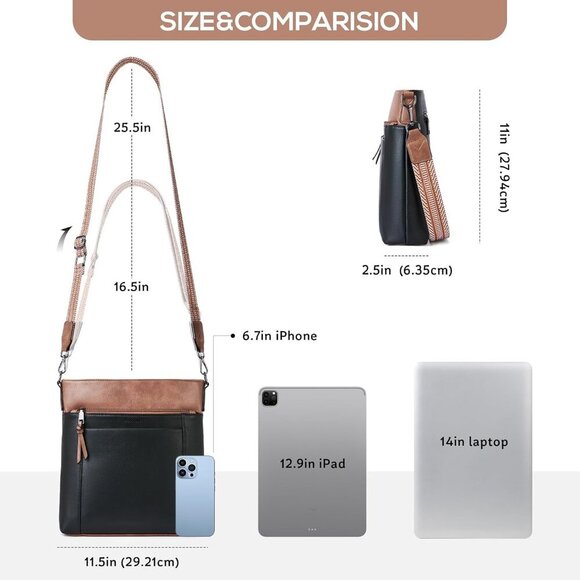 Leather Crossbody Bag Medium Travel Purse Women with 4 Card Slots Black - Picture 6 of 7